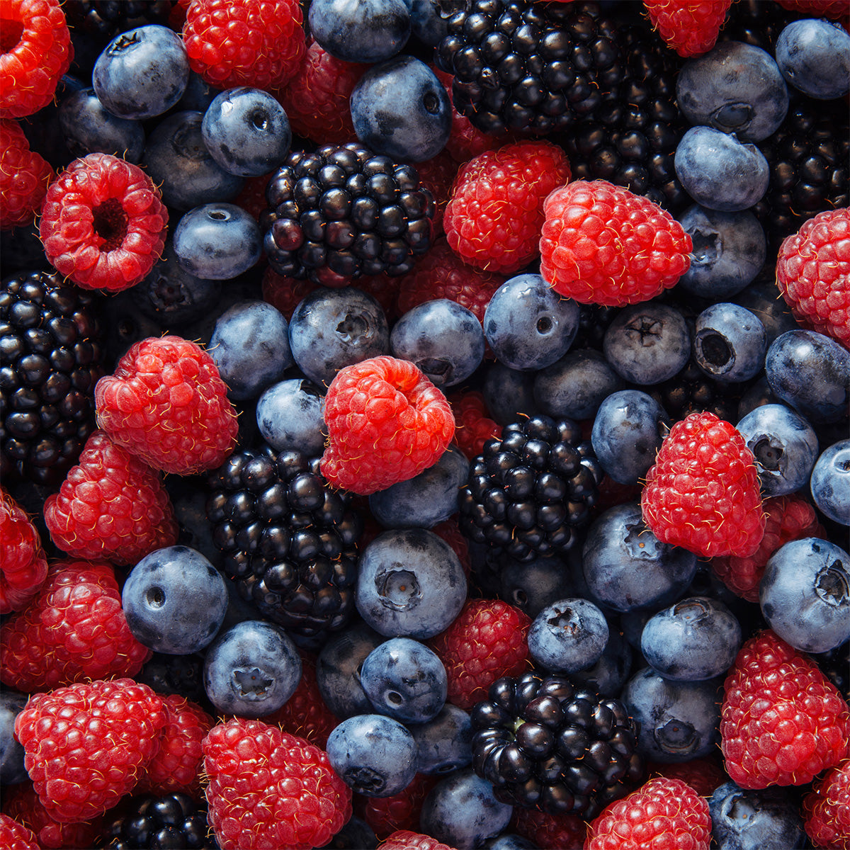 Close-up of a mix of fresh raspberries, blackberries and blueberries.